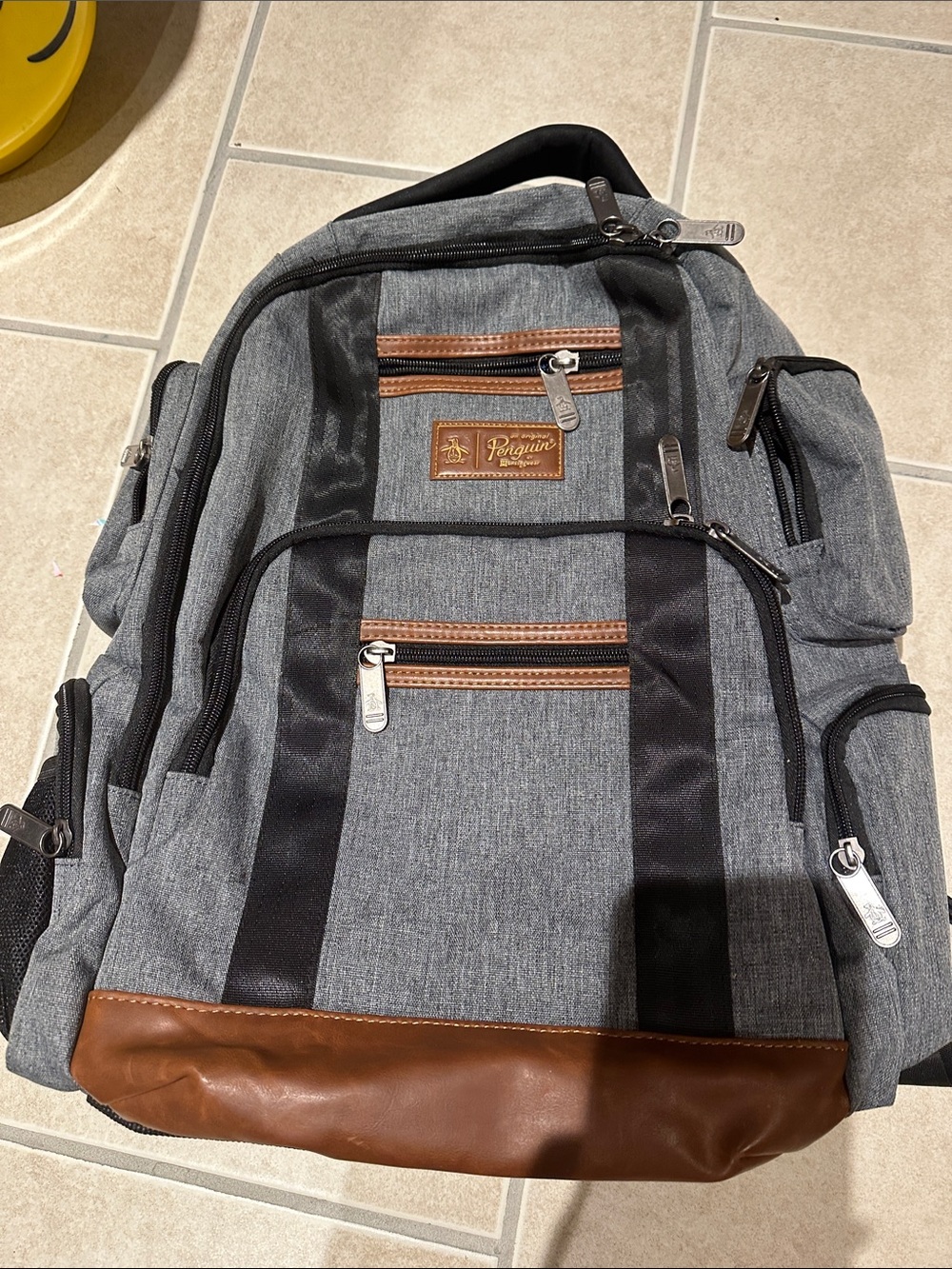 Original Penguin Gray and Brown Multi-Zip Everyday Backpack. Great condition!